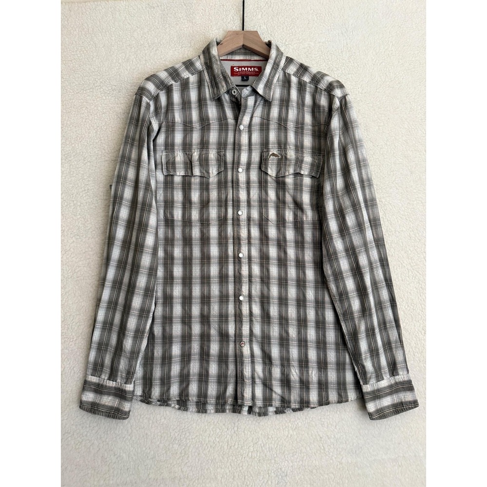 Simms Mens Large Gray Plaid Snap Button Long Sleeve Vented Fishing Shirt